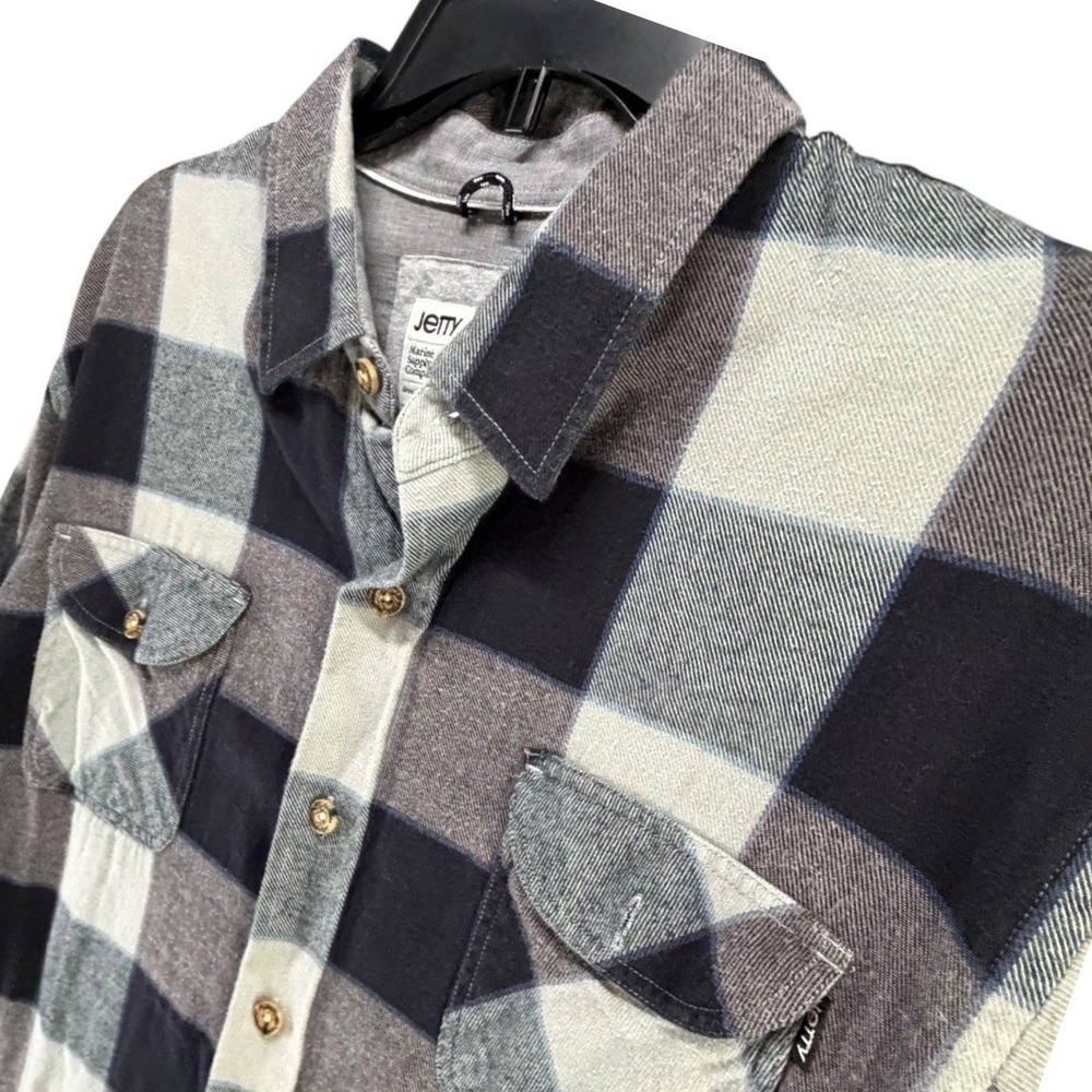 Jetty Marine Supply Plaid Flannel Shirt Men L Black Gray Coastal Relaxed Outdoor